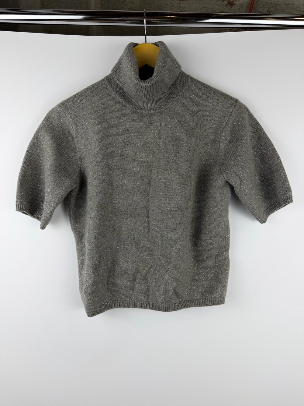 Vintage Talbots Grey Metallic Wool Turtleneck Sweater Short Sleeve Sparkle Sz M